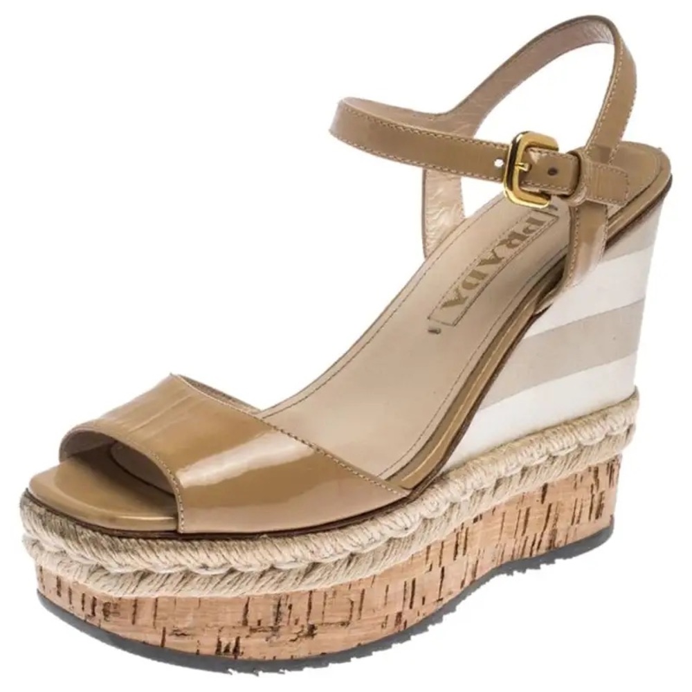 Prada Beige/Nude Patent Leather Stripe Cork Platform Wedge Sandals